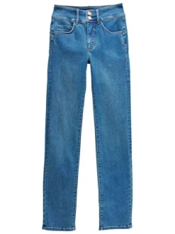 Jean en coton bleu stone uni à coupe slim fermé par deux boutons