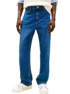 Jean en coton bleu uni avec une coupe droite à zip et à bouton