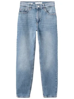 Jean 7/8 en coton bleu uni avec une coupe mom et une taille haute