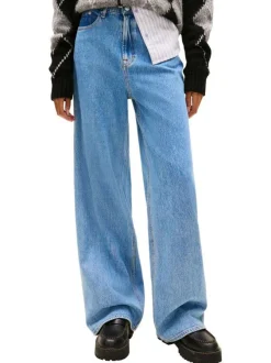 Jean en coton bleu uni avec une coupe wide leg à zip et à bouton