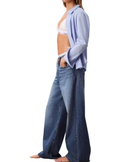 Jean en coton bleu uni avec une coupe wide leg à zip et bouton