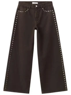Jean en coton chocolat uni avec une coupe flare à zip et à bouton