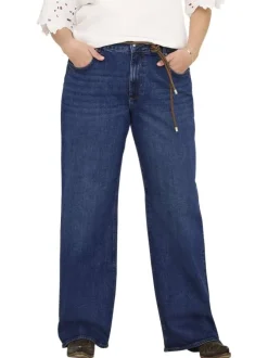 Jean en coton indigo coupe bootcut pourvu de passants pour la ceinture