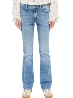 Jean en coton indigo délavé avec une coupe bootcut à zip et à bouton