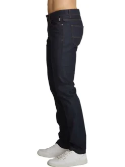 Jean en coton indigo uni avec une coupe ajustée et des surpiqûres camel