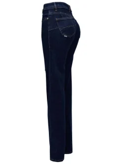 Jean en coton indigo uni avec une coupe bootcut et des surpiqûres caramel