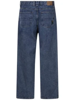 Jean en coton indigo uni avec une coupe droite et un patch de la marque
