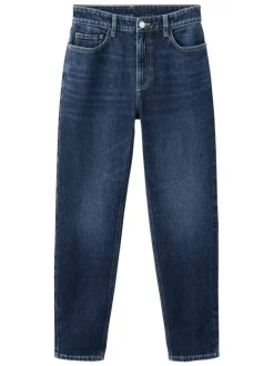 Jean 7/8 en coton indigo uni avec une coupe mom et une taille haute