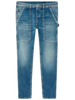 Jean en coton mélangé bleu à coupe droite pourvu d'une fermeture boutonnée