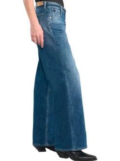 Jean en coton mélangé bleu coupe wide leg pourvu d'un ruban en jean