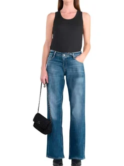 Jean en coton mélangé bleu coupe wide leg pourvu d'un ruban en jean