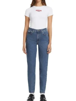 Jean en coton mélangé bleu délavé avec une coupe mom et une taille haute