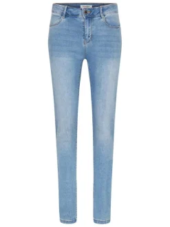 Jean en coton mélangé bleu délavé avec une coupe slim et surpiqûres beiges
