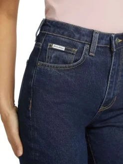 Jean en coton mélangé bleu indigo uni avec une coupe mom et une taille haute