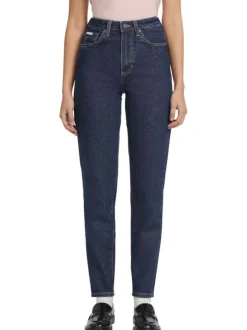 Jean en coton mélangé bleu indigo uni avec une coupe mom et une taille haute