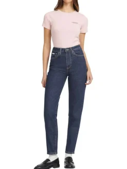 Jean en coton mélangé bleu indigo uni avec une coupe mom et une taille haute