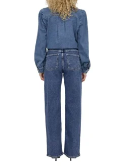 Jean en coton mélangé bleu indigo uni à coupe bootcut avec des poches plaquées