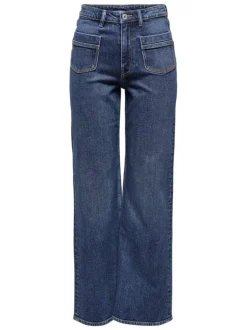 Jean en coton mélangé bleu indigo uni à coupe bootcut avec des poches plaquées
