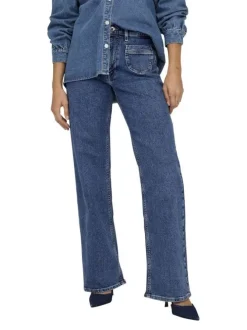 Jean en coton mélangé bleu indigo uni à coupe bootcut avec des poches plaquées
