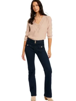 Jean en coton mélangé bleu marine à coupe bootcut et une taille haute