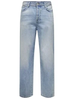 Jean en coton mélangé bleu stone légèrement délavé à coupe loose