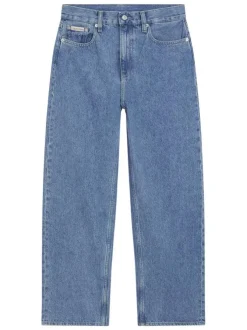 Jean en coton mélangé bleu uni avec une coupe droite et une taille haute