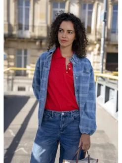 Jean en coton mélangé bleu uni pourvu d'une coupe bootcut et de multiples poches