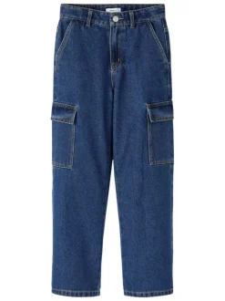 Jean en coton mélangé indigo uni avec une coupe cargo et des poches