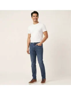 Jean en coton mélangé indigo uni pourvu d'une coupe slim et de multiples poches