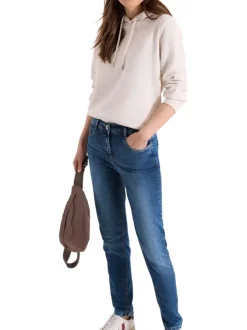 Jean en coton mélangé indigo uni pourvu d'une coupe slim et d'une taille haute