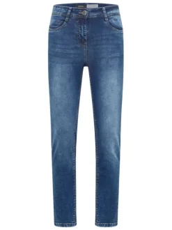 Jean en coton mélangé indigo uni pourvu d'une coupe slim et d'une taille haute