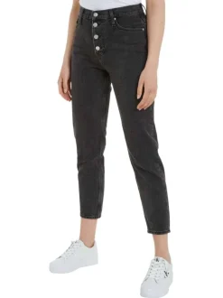 Jean en coton mélangé noir délavé avec une coupe mom et une taille haute