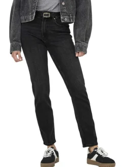 Jean en coton noir avec des passants à la taille et une coupe droite