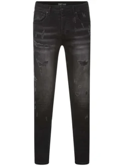Jean en coton noir uni avec une coupe skinny et un effet troué