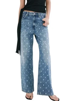 Jean en coton stone à motifs pourvu d'une coupe droite et d'une taille mi-haute