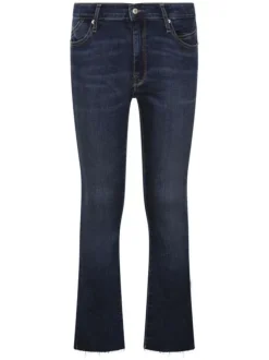 Jean flare en coton marine uni à ourlets effiloché et taille élastiquée