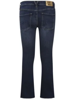 Jean flare en coton marine uni à ourlets effiloché et taille élastiquée