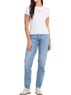 Jean Gj G06 Mom bleu uni avec fermeture zippée, bouton et poches avant