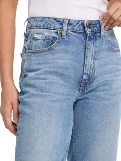 Jean Gj G06 Mom bleu uni avec fermeture zippée, bouton et poches avant