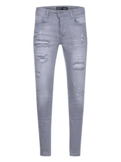 Jean gris clair en coton effet usé coupe skinny