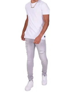 Jean gris clair en coton effet usé coupe skinny