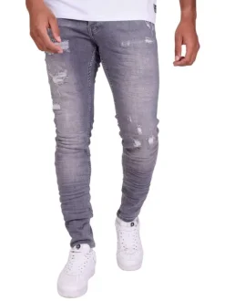 Jean gris en coton effet délavé avec une coupe slim et une taille intermédiaire