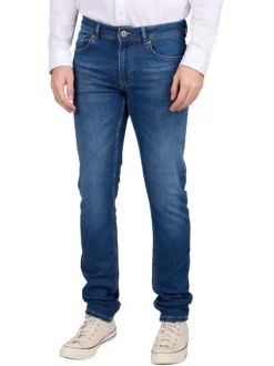 Jean indigo délavé avec une coupe ajustée et des passants pour la ceinture