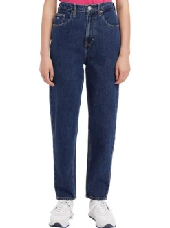 Jean Mom 5 poches à taille haute en partie en coton recyclé bleu uni à stretch