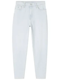 Jean mom stone en coton mélangé coupe slim avec ceinture blanche logotée