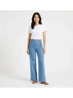 Jean Paulie en coton stone uni pourvu d'une taille haute et d'une coupe droite