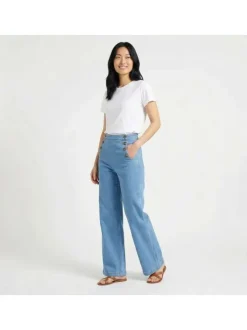 Jean Paulie en coton stone uni pourvu d'une taille haute et d'une coupe droite