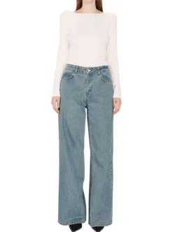 Jean 5 poches en coton bleu ciel délavé avec une coupe bootcut