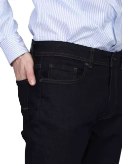 Jean 5 poches en coton bleu uni avec une coupe droite et un zip