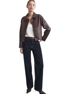 Jean 5 poches en coton indigo uni avec une coupe droite et surpiqûres beiges